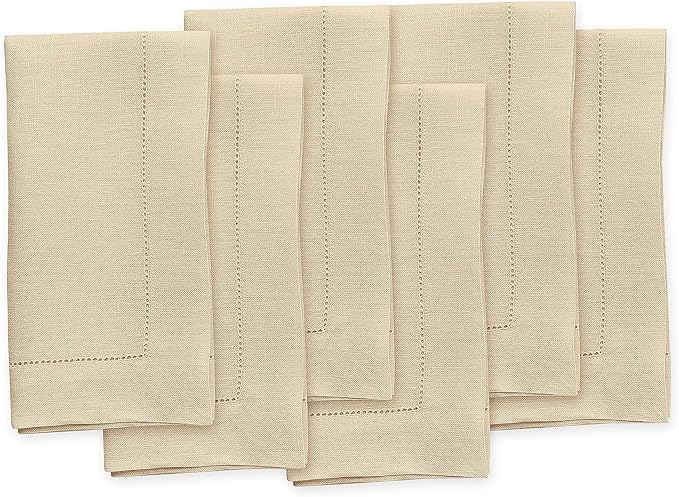 Solino Home Linen Cloth Napkins Set of 6-100% Pure Linen Beige Dinner Napkins 20 x 20 Inch - Classic Hemstitch, Handcrafted and Machine Washable