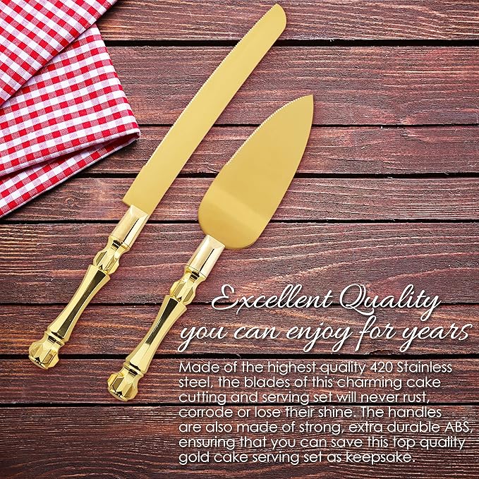 Homi styles Gold Elegant Cake Knife and Server Set, Cake Server and Knife Set of 2 with 420 Stainless Steel Plated Thick Blades, Cake Cutting Set for Wedding, Birthdays, Anniversaries, and Parties