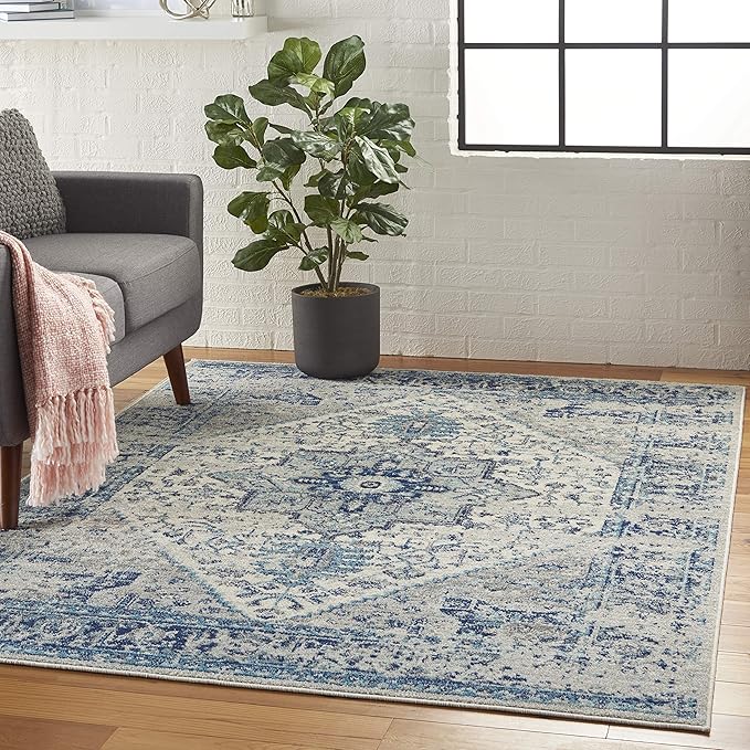 Nourison Home Tranquil Ivory/Light Blue 5'3" x 7'3" Area Rug - Easy Clean, Non Shedding, Bed Room, Living Room, Dining Room, Kitchen (5' x 7')
