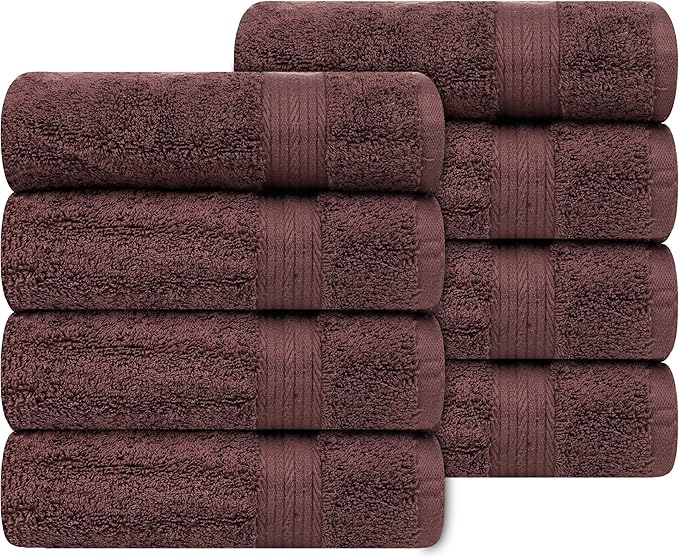 Ample Decor Bathroom Hand Towels 18 X 28 Inch 600 GSM 100% Cotton, Soft Absorbent - 8 Pcs Brown