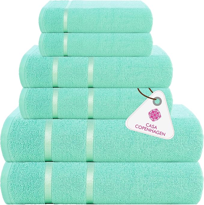 CASA COPENHAGEN Eternal 6 Pieces Towel Set- Aqua Blue, 500 GSM 2 Bath Towel 2 Hand Towel 2 Washcloth, Designed in Denmark Made of Soft Egyptian Cotton for Bathroom, Kitchen & Shower
