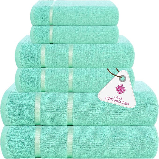 CASA COPENHAGEN Eternal 6 Pieces Towel Set- Aqua Blue, 500 GSM 2 Bath Towel 2 Hand Towel 2 Washcloth, Designed in Denmark Made of Soft Egyptian Cotton for Bathroom, Kitchen & Shower