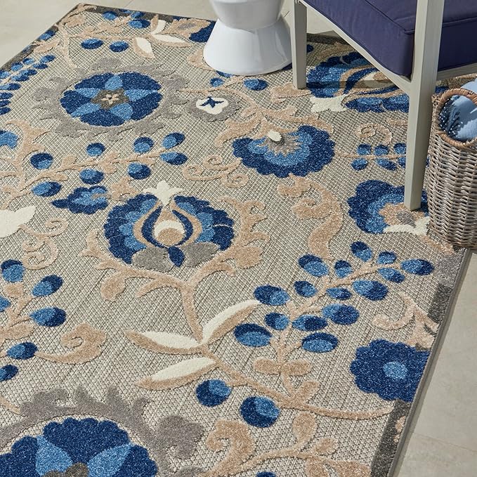Nourison Home Aloha Natural Blue 6' x 9' Area Rug - Easy Clean, Non Shedding, Bed Room, Living Room, Dining Room, Kitchen (6' x 9')