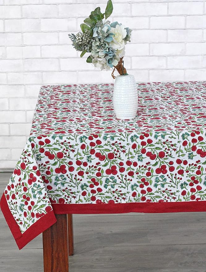 Ridhi Garnet Red Hand Block Print Cotton Rectangle Tablecloth 190" x 72" inches Reusable Table Cover Decorative Everyday Use for Dining, Farmhouse, Home, Party, Festive, Wedding, Fall