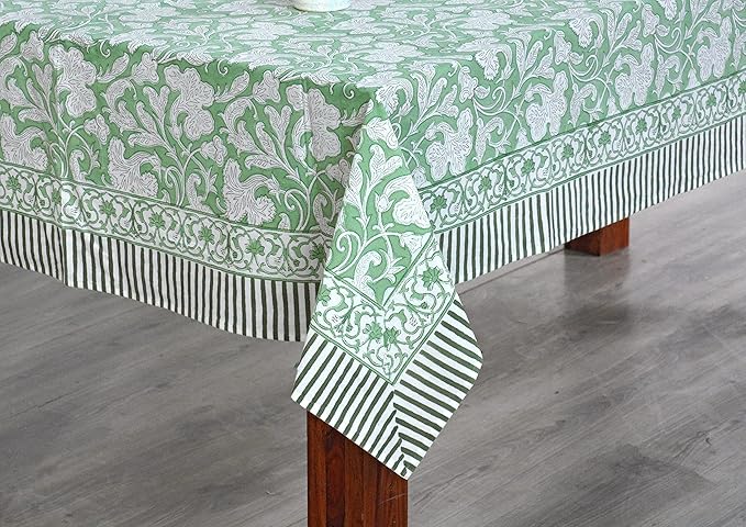 Ridhi Sage Green Hand Block Print Cotton Rectangle Tablecloth 140" x 72" inches Reusable Table Cover Decorative Everyday Use for Dining, Farmhouse, Home, Party, Festive, Wedding, Fall