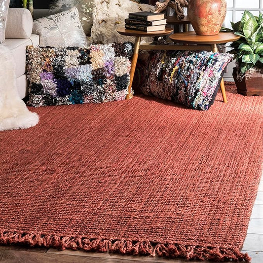 nuLOOM 8x10 Daniela Jute Tassel Hand Woven Area Rug, Brick, Solid Chunky Farmhouse Design, Natural Fiber, For Bedroom, Dining Room, Living Room, Hallway, Office, Entryway