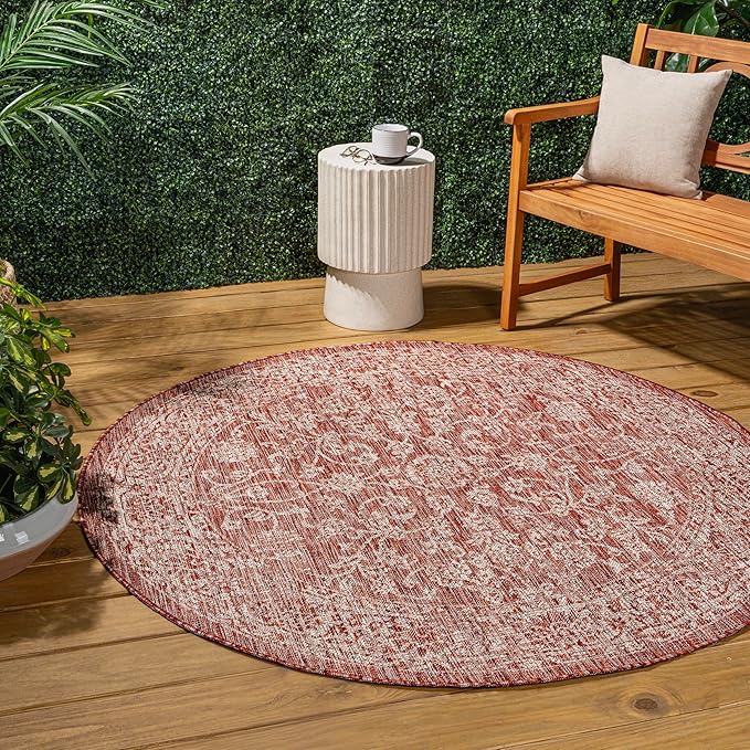 JONATHAN Y Weave Floral Indoor Outdoor Round Area Rug 3 Ft Red/Taupe, Tela Bohemian Textured for Backyard, Patio, Porch, Easy-Cleaning, High Traffic, Pet-Friendly, Non-Shedding (SMB100A-3R)