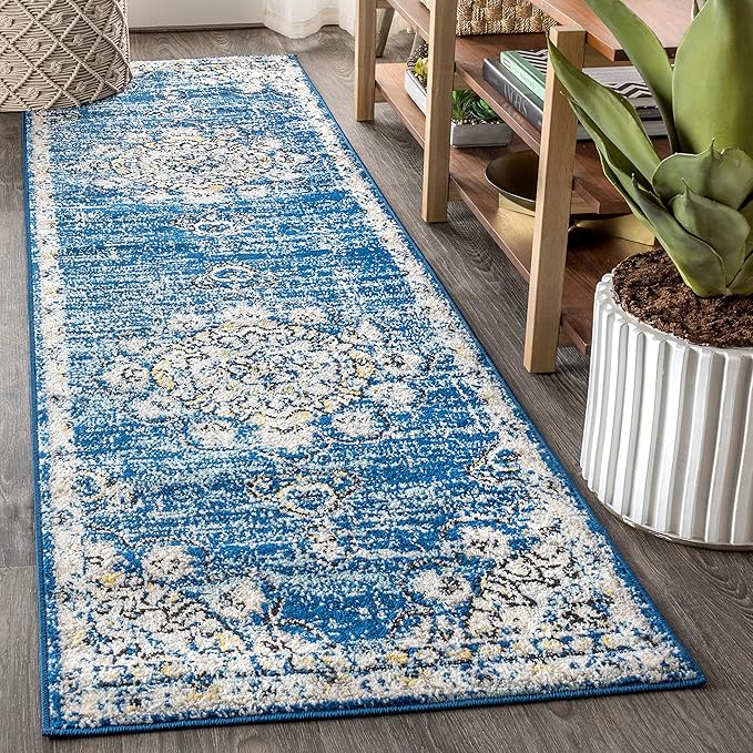 JONATHAN Y Boho Vintage Blue/Cream Runner Rug, 2x8, Bohemian Flair Medallion, Chic, Floral, High Traffic for Living Room, Bedroom, Kitchen, Pet Friendly, Non-Shedding (BMF104B-28)