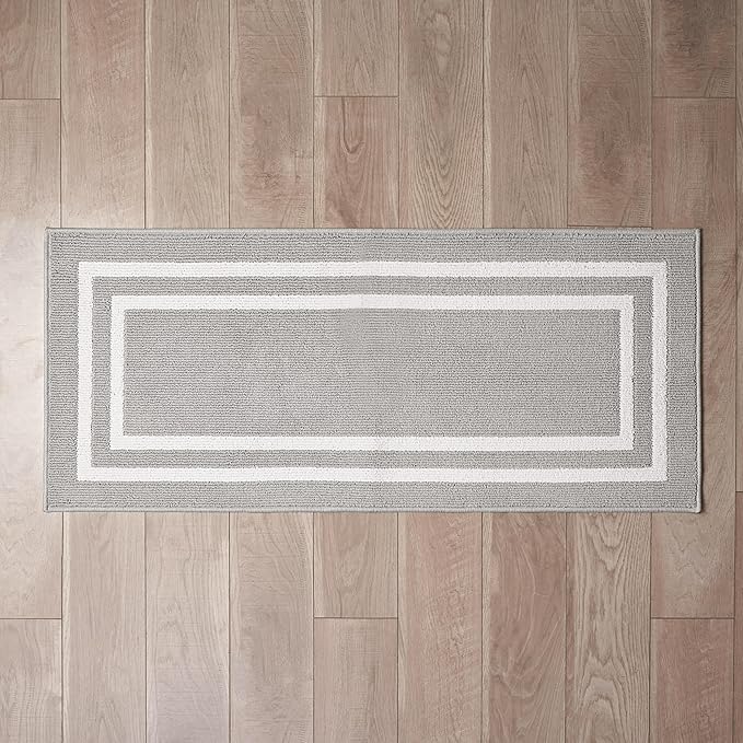 Nautica Runner Rug | Indoor Carpet for Entryway & Hallway Rug| Non-Slip Entry and Kitchen Door Mat| Machine Washable Low Profile Floor Mat | 26" x 60"| Double Border Light Grey and White