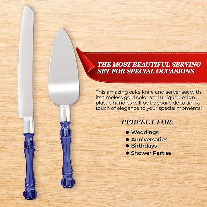 Cake Knife and Server Set, Cake Cutter and Pie Spatula, Cake Server and Knife Set with Acrylic Crystal Handles, Cake Cutting Set for Wedding Cake – 1.2mm Thick Blades, Birthdays, and Parties (Blue)