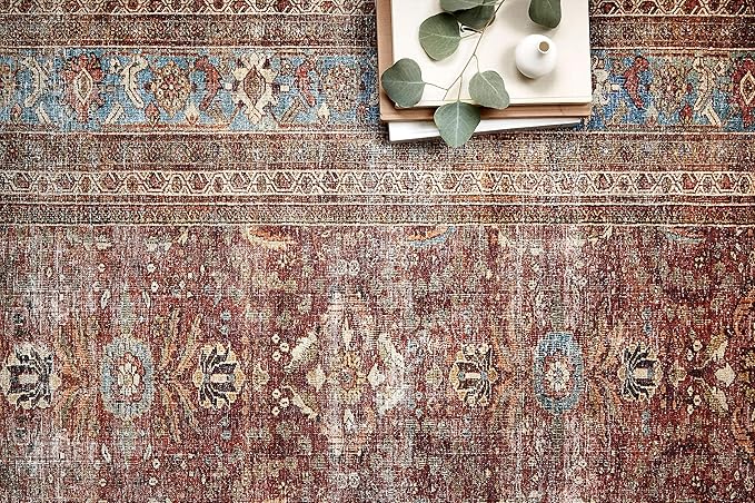 Loloi Layla Collection LAY-01 Brick/Blue 2'-6" x 9'-6" .13" Thick Runner Rug, Soft, Durable, Vintage Inspired, Distressed, Low Pile, Non-Shedding, Easy Clean, Printed, Living Room Rug