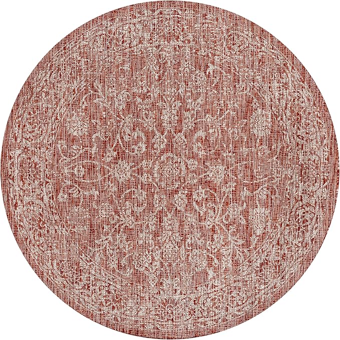 JONATHAN Y Weave Floral Indoor Outdoor Round Area Rug 8 Ft Red/Taupe, Tela Bohemian Textured for Backyard, Patio, Porch, Easy-Cleaning, High Traffic, Pet-Friendly, Non-Shedding (SMB100A-8R)