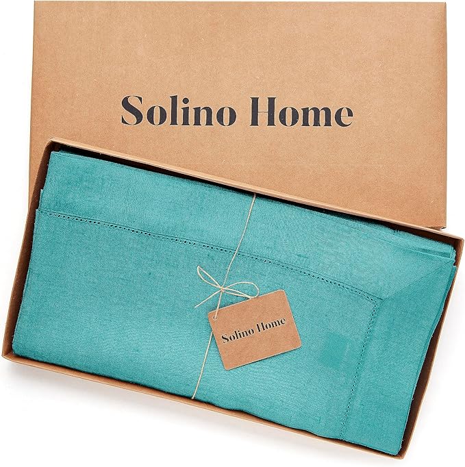 Solino Home Linen Teal Tablecloth 60 x 120 Inch - Classic Hemstitch, 100% Pure Linen Rectangular Tablecloth - Machine Washable Table Cloth for New Year