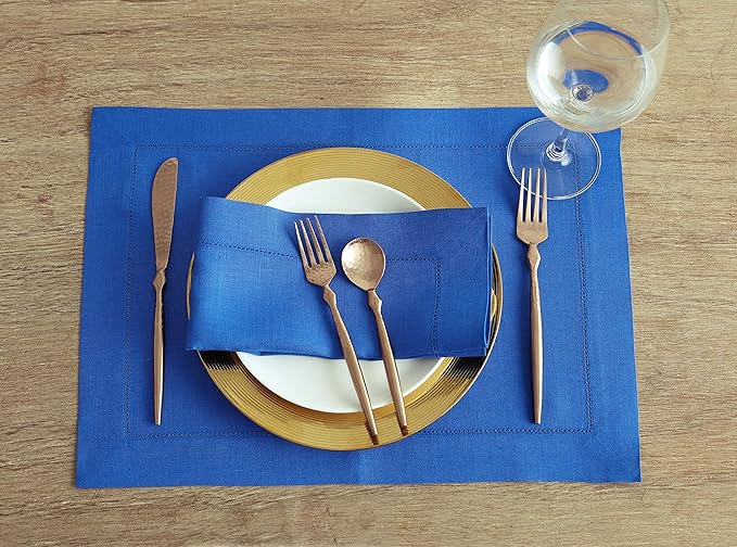 Solino Home Linen Napkins Set of 4 - Classic Hemstitch 100% Pure Linen Royal Blue Dinner Napkins Cloth 20 x 20 Inch - Handcrafted and Machine Washable - Holiday, Winter, New Year