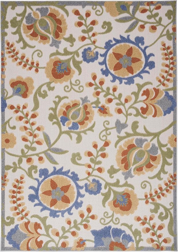 Nourison Home Aloha Ivory Blue 5'3" x 7'5" Area Rug - Easy Clean, Non Shedding, Bed Room, Living Room, Dining Room, Kitchen (5' x 8')