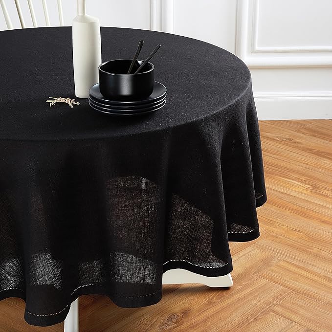 Solino Home Linen 60 Inch Round Tablecloth - 100% Pure Linen Black Round Tablecloth - Machine Washable Table Cloth for Winter, Holiday, New Year - Sonoma Hemstitch