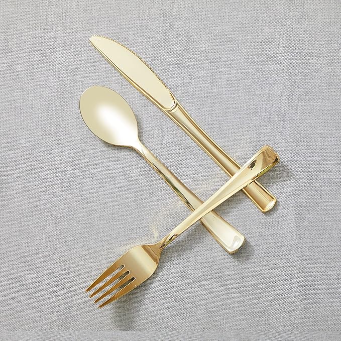 N9R 160pcs Gold Plastic Silverware - Gold Plastic Utensils Set - Tableware Flatware Kit 80 Forks, 40 Spoons, 40 Knives Disposable Cutlery Set for Party, Wedding, Birthday