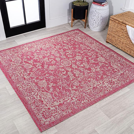 JONATHAN Y Weave Floral Indoor Outdoor Square Area Rug 5X5 Fuchsia/Light Gray, Tela Bohemian Textured for Backyard, Patio, Porch, Easy-Cleaning, High Traffic, Pet-Friendly, Non-Shedding (SMB100G-5SQ)