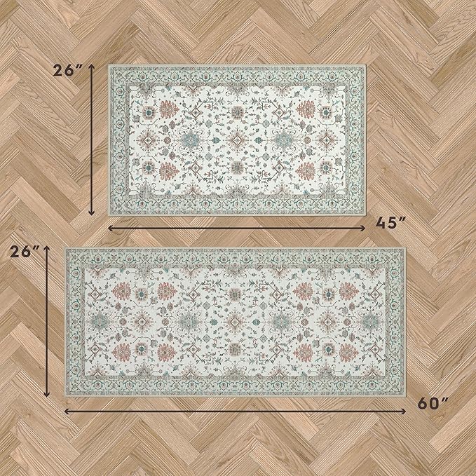 Laura Ashley Beige Aure Floral Machine Washable & Slip Resistant 2 Piece Set - 26" x 45" Accent Rug & 26" x60" Runner Rug
