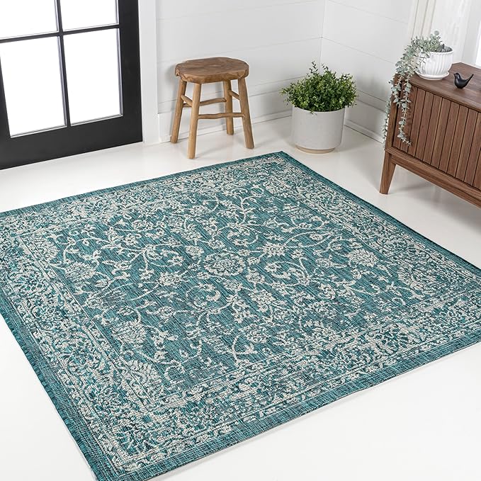 JONATHAN Y Weave Floral Indoor Outdoor Square Area Rug 3X3 Teal/Gray, Tela Bohemian Textured for Backyard, Patio, Porch, Easy-Cleaning, High Traffic, Pet-Friendly, Non-Shedding (SMB100C-3SQ)