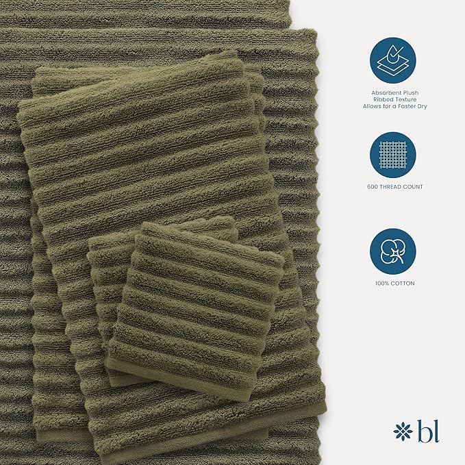 Blue Loom Ribbed Hand 2 Towels Set, 100% Cotton 600GSM, Soft Absorbent Durable Quick Drying for Bathroom - Mason 2 Piece 18" x 30" - Moss