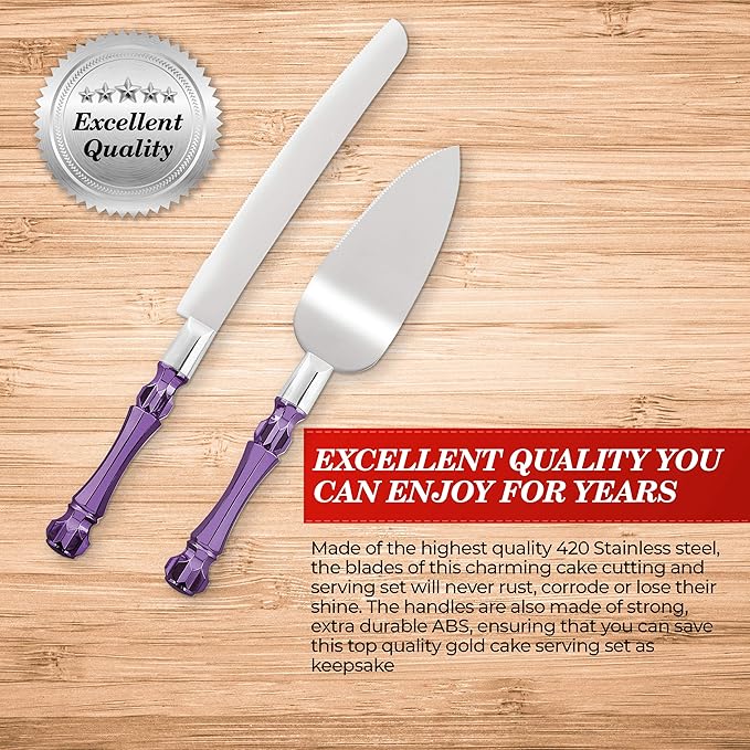 Purple Wedding Cake Knife and Server Set, Cake Cutter and Spatula, Acrylic Handle Set with 1.2mm Thick Blades for Weddings and Parties