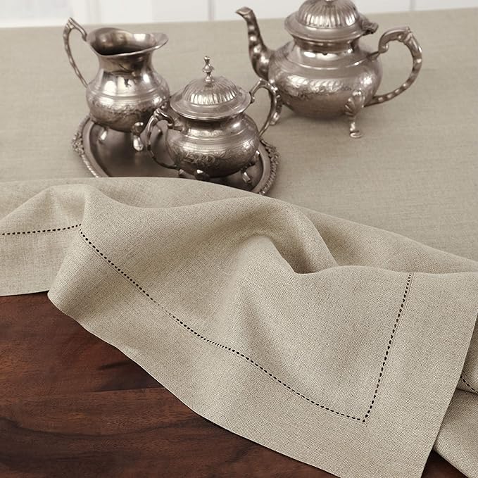 Solino Home Natural Linen Tablecloth 60 x 120 Inch - 100% Pure Linen Hemstitch Table Cloth for Rectangle Tables - Classic Hemstitch, Machine Washable Tablecloth for Holiday, New Year