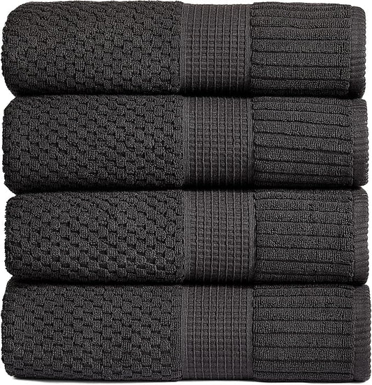 NY Loft Bath Towel 4 Pack, 100% Cotton, Super Soft & Absorbent, Quick-Dry, Textured, Durable, Premium Thick, 30" x 52", Black