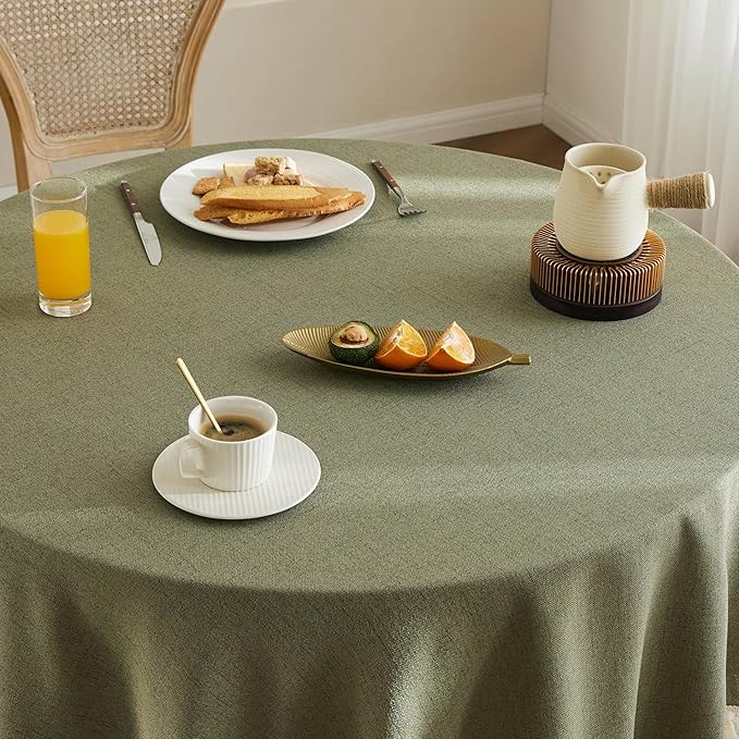 Linen Tablecloth with Tassels, Farmhouse Style GreenTablecloth, Water Resistant Burlap Tablecloths for Round Table, 52 Inch Round Olive