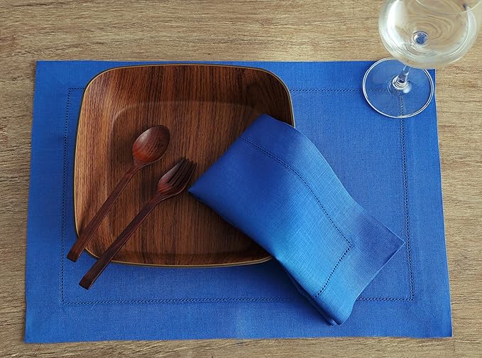 Solino Home Linen Placemats Set of 4 - Classic Hemstitch Royal Blue Placemats 14 x 19 Inch - 100% Pure Linen Table Mats for Holiday, Winter, New Year