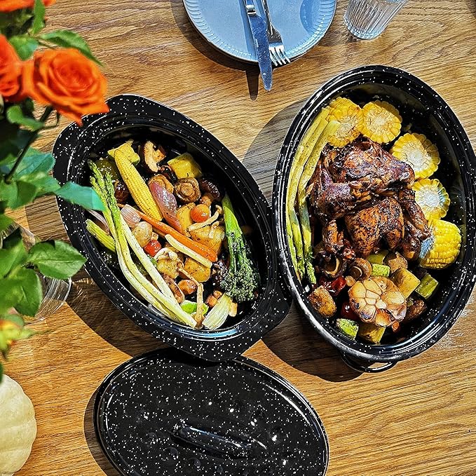 15"Oval Roasting Pan With Lid Small Chicken Roaster With 13.7in Inner Diameter Enamel Steel Roasting Pot Suitable for Outdoors Family Dinnerhigh Temperature Resistance Holiday Gifts