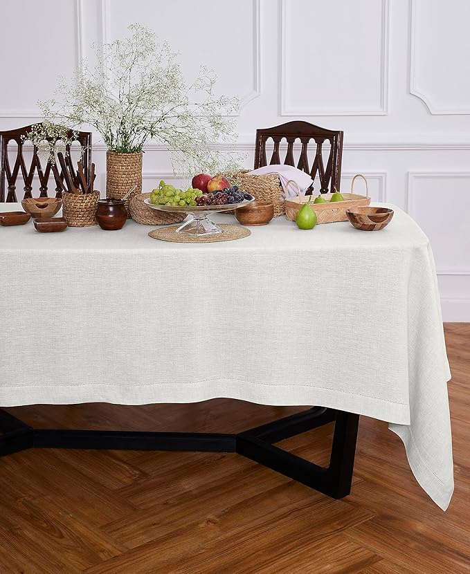 Solino Home Linen Light Flax Tablecloth 70 x 90 Inch - Sonoma Hemstitch, 100% Pure Linen Rectangular Tablecloth - Machine Washable Table Cloth for New Year