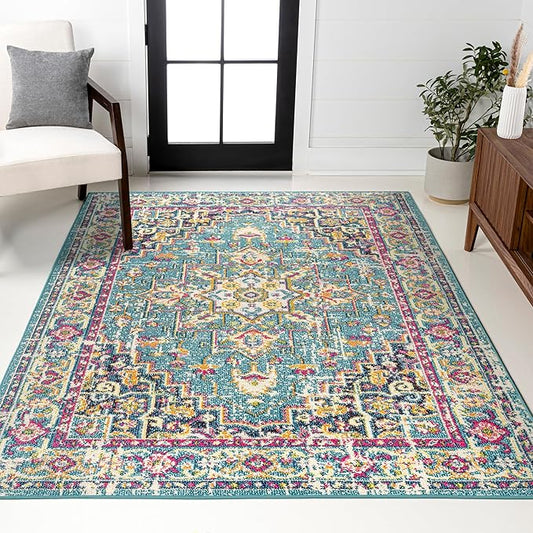 JONATHAN Y Brooklyn Geometric Medallion Blue/Multi Indoor Area Rug, 4x6, Vintage, Bohemian, Easy-Cleaning for Living Room, Bedroom, Kitchen, Pet Friendly, Non-Shedding (MDP207E-4)