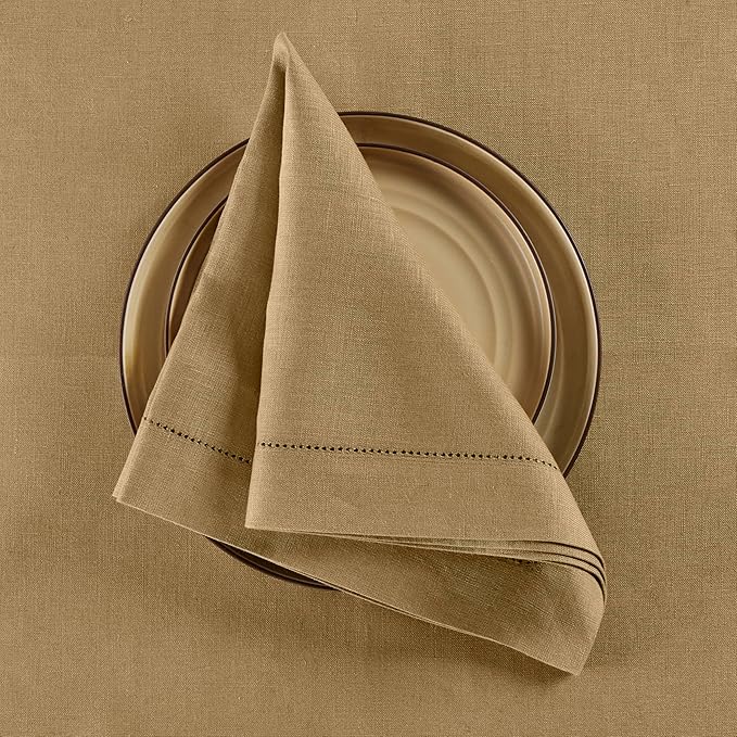 Solino Home Linen Napkins Set of 4 - Medium Weight 100% Pure Linen Hemstitch Kelp Dinner Napkins Cloth 20 x 20 Inch - Handcrafted and Machine Washable