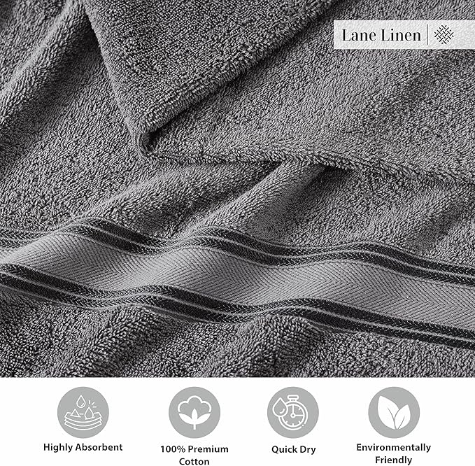 LANE LINEN Luxury Bath Towels Set - 6 Piece, 100% Cotton, Quick Dry, Soft & Absorbent, Zero Twist - 2 Bath Towels, 2 Hand Towels, 2 Washcloths - Cool Grey