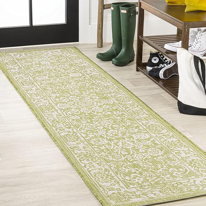 JONATHAN Y Weave Floral Indoor Outdoor Runner Rug 2X8 Green/Cream, Tela Bohemian Textured for Backyard, Patio, Porch, Easy-Cleaning, High Traffic, Pet-Friendly, Non-Shedding (SMB100D-28)