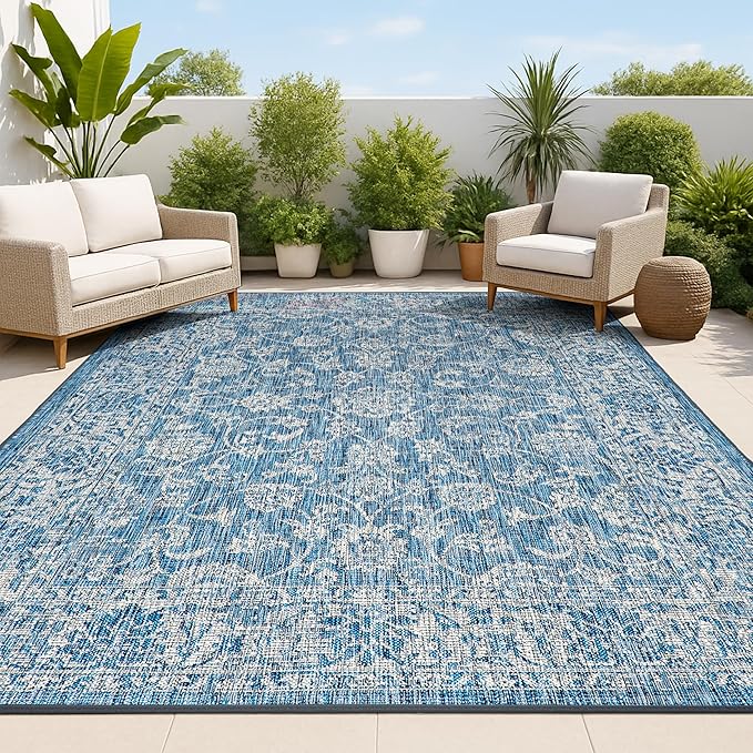 JONATHAN Y Weave Floral Indoor Outdoor Area Rug 8X10 Navy/Gray, Tela Bohemian Textured for Backyard, Patio, Porch, Easy-Cleaning, High Traffic, Pet-Friendly, Non-Shedding (SMB100B-8)