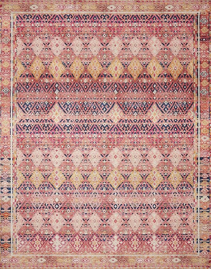 Loloi Layla Collection LAY-15 Magenta/Multi 5'-0" x 7'-6" .13" Thick Area Rug, Soft, Durable, Vintage Inspired, Distressed, Low Pile, Non-Shedding, Easy Clean, Printed, Living Room Rug