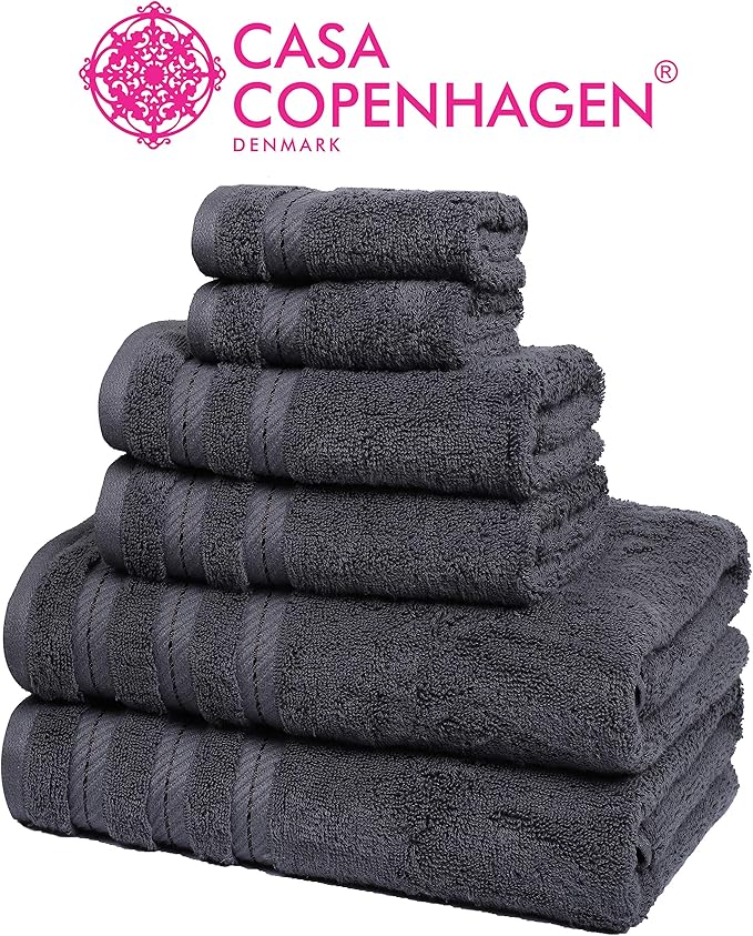 CASA COPENHAGEN Bella 6 Pieces Towel Set- Pinstripe Grey, 600 GSM 2 Bath Towel 2 Hand Towel 2 Washcloth, Designed in Denmark Made of Soft Egyptian Cotton for Bathroom, Kitchen & Shower