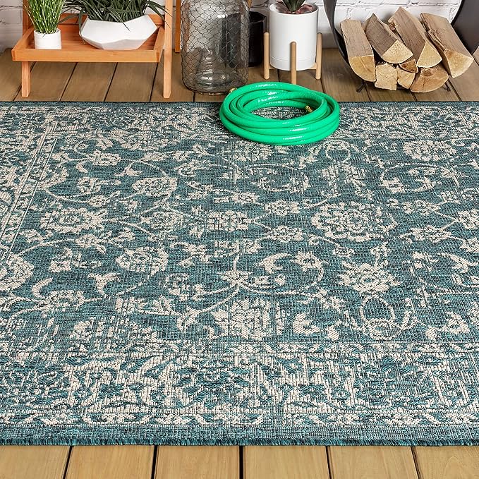 JONATHAN Y Weave Floral Indoor Outdoor Area Rug 8X10 Teal/Gray, Tela Bohemian Textured for Backyard, Patio, Porch, Easy-Cleaning, High Traffic, Pet-Friendly, Non-Shedding (SMB100C-8)