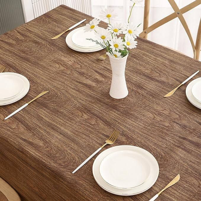 Walrus Heavy Duty Vinyl Tablecloth with Flannel Backing Waterproof Oil-Proof Plastic Table Cloth Stain-Resistant Wipeable Rectangle or Square Table Cover for Indoor and Outdoor (Wood, 60X84 Inch)