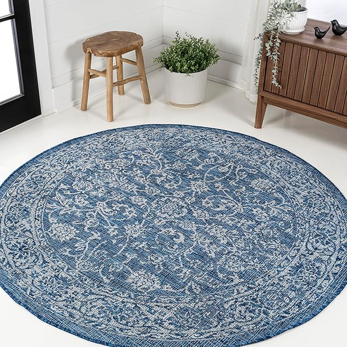 JONATHAN Y Weave Floral Indoor Outdoor Round Area Rug 3 Ft Navy/Gray, Tela Bohemian Textured for Backyard, Patio, Porch, Easy-Cleaning, High Traffic, Pet-Friendly, Non-Shedding (SMB100B-3R)