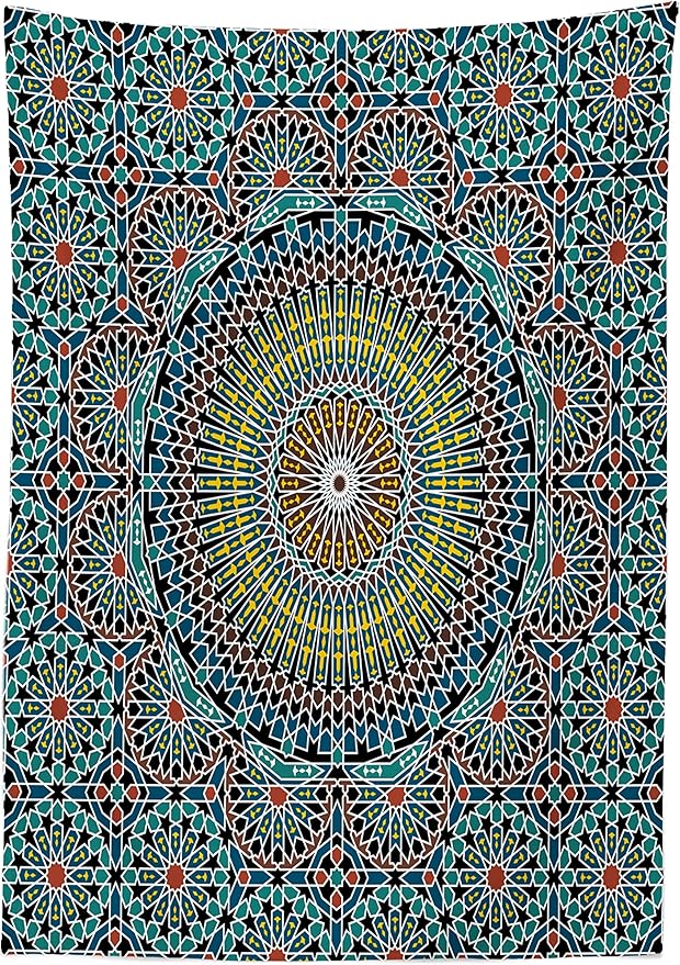 Ambesonne Geometric Tablecloth, Traditional Exotic Illustration Style Moroccan Culture Design Art Print, Rectangular Table Cover for Dining Room Kitchen Decor, 60" X 84", Slate Blue and Ruby