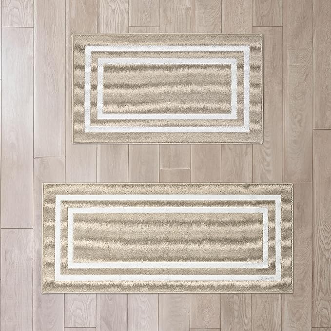 Nautica – Runner Rug 2 Piece Set | Indoor Runners for Hallways and Entry Rugs| Non-Skid Entry and Kitchen Door Mat| Machine Washable Carpet Rugs | 2'2" x 3'9" and 2'2" x 5' | Double Border Beige