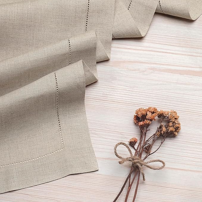 D'Moksha Homes Linen Natural Table Runner 144 Inches Long - 100% Pure Linen Extra Long Table Runner 14 x 144 Inch for Winter, Holiday, New Year - Classic Hemstitch