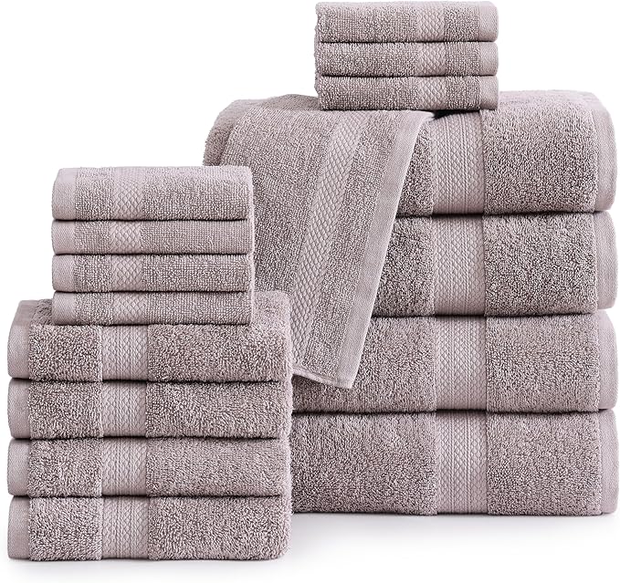 LANE LINEN 100% Mercerized Cotton Bathroom Towel Set - 16 Pcs - Ring Spun, Fluffy, Soft & Highly Absorbent - 4 Bath, 8 Washcloths, 4 Hand Towels - Avaialable in Wide Variety of Colours - Platinum