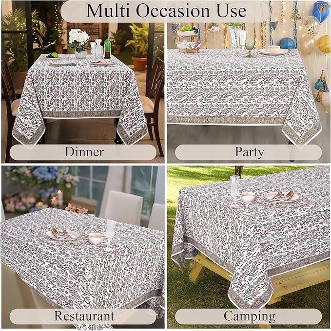 Ridhi Coral Pink Hand Block Print Cotton Rectangle Tablecloth 108" x 70" inches Reusable Table Cover Decorative Everyday Use for Dining, Farmhouse, Home, Party, Festive, Wedding, Fall