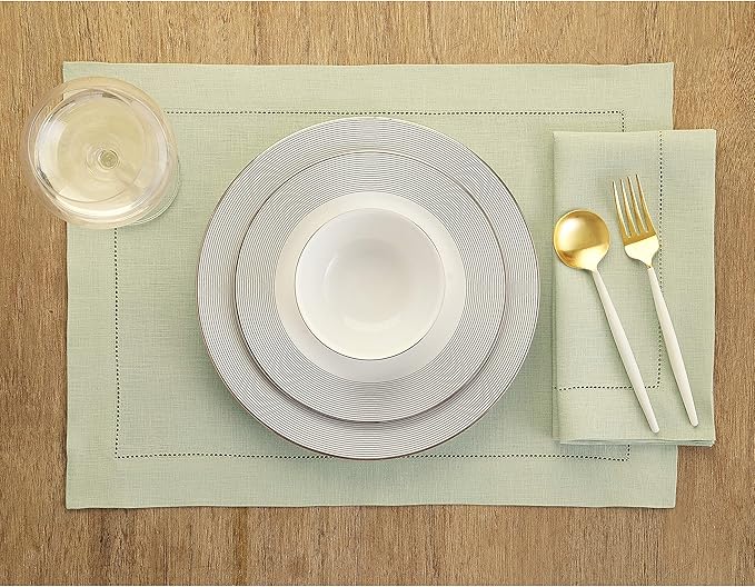 Solino Home Linen Placemats Set of 4 - Classic Hemstitch Sage Green Placemats 14 x 19 Inch - 100% Pure Linen Table Mats for Winter, New Year