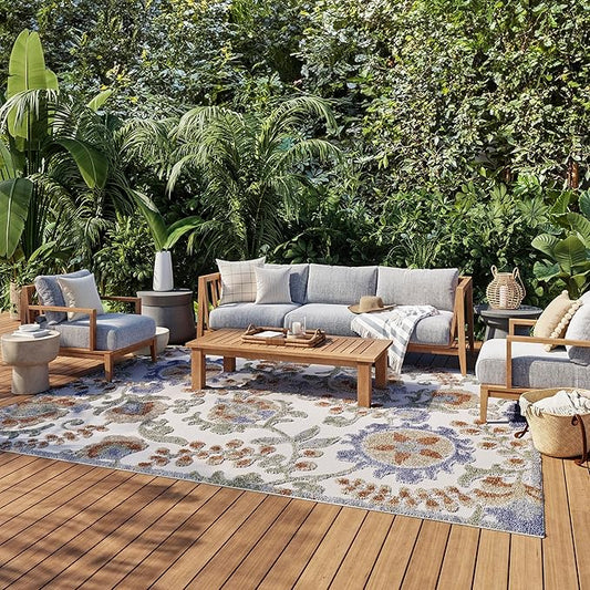 Nourison Home Aloha Ivory Blue 7'10" x 10'6" Area Rug - Easy Clean, Non Shedding, Bed Room, Living Room, Dining Room, Kitchen (8' x 11')