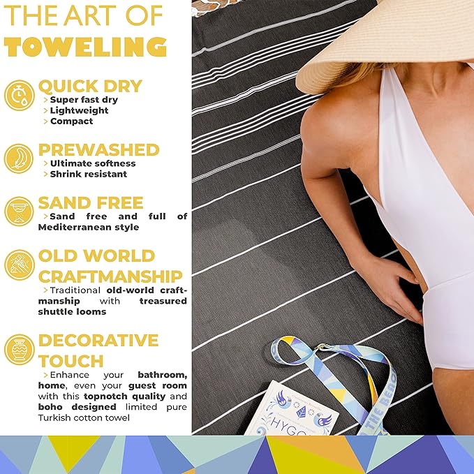 Madamelique Turkish Beach Towel with Beach Bag - 39 x 74 - Prewashed Beach Towels Oversized -%100Cotton - Quick Dry - Sand Free - Hand Loomed Turkish Bath Towels - Unique Towel (Black)